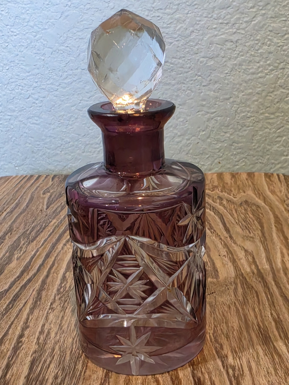Vintage Bohemian Czech Crystal Cut to Clear Purple Amethyst Glass Perfume Bottle
